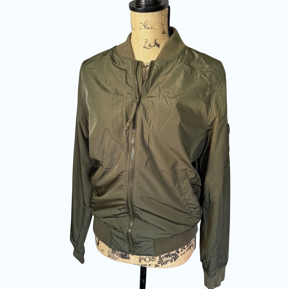 Hollister Bomber Jacket Mens Small Olive Green Utility Full Zip Flight Jacket